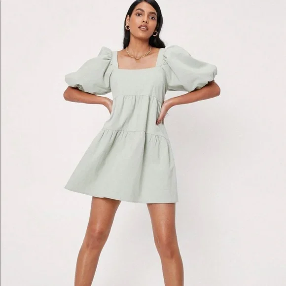 Linen Look Puff Sleeve Smock Mini Dress - Picture 1 of 6